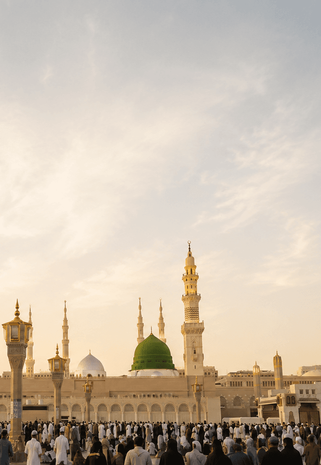 Worshippers gathered before the Green Dome of Al-Masjid an-Nabawi at sunset
